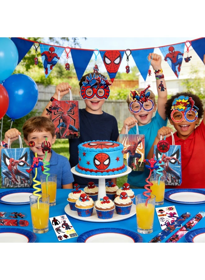ILovhaprty Spider-Man Party Favors for 12 Guests, 84PCS Superhero Birthday Party Favor Set with Slap Bracelets, Stickers, Keychains, Stampers, Paper Glasses, Straws & Gift Bags – Spider-Man Birthday Party Supplies - Image 5